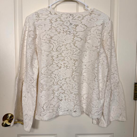 Chico’s Lace Bell Sleeve Top Ivory Sheer Knit Blouse Romantic Boho Size 1 (MED) - Picture 2 of 6